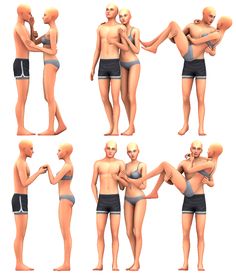 multiple poses of an animated man in swimsuits and shorts with his hands on his hips