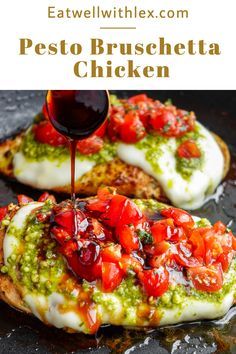 pesto bruschetta chicken is being drizzled with sauce