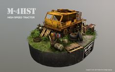 an image of a truck that is on top of some plants and wood pieces in the grass