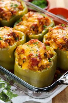 stuffed bell peppers in a casserole dish ready to be eaten for lunch or dinner