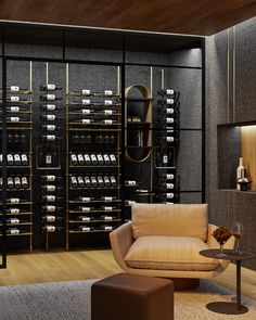 a living room filled with furniture next to a wall covered in wine glasses and bottles