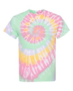 a tie - dyed t - shirt is shown in pink, green and yellow colors