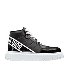 The D-Player sneaker draws inspiration from the basketball shoe and offers a modern variation on a timeless style. The quilted nylon style is enhanced by patent details and is further distinguished by a black CHRISTIAN DIOR signature on the band at the back. The supple and lightweight sole completes the contemporary sneaker.Round toeTreaded soleLace-upUpper: Technical Fabric, Leather; Sole: EVAMade in Italy Sneakers Drawing, Black High Top Sneakers, Black High Tops, Sneakers Online, Timeless Style, Basketball Shoes, The Fashion, High Top, Christian Dior