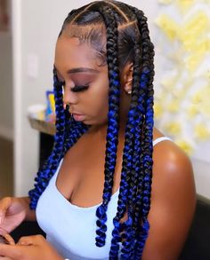 Blue And Black Braids, Black Braids Hairstyles, Coi Leray Braids, Coi Leray, Short Box Braids Hairstyles