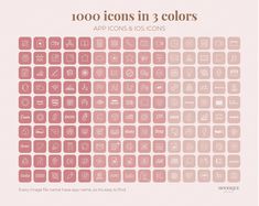 a large set of icons in pink and white on a light background with the words 100 icons