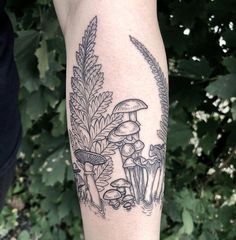 a person with a tattoo on their arm has mushrooms and leaves in the forest behind them