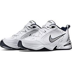 Get ready for your next race with the Nike Men's Air Monarch IV 4E Training Shoe. They deliver comfort and style with its leather upper and lightweight Phylon midsole. These extra-wide training shoes have a solid rubber outsole with an aggressive traction pattern. It rounds out in a sleek design built for rigorous training. They're available in a variety of sizes. This shoe is almost all white with the classic Nike swish logo in grey on the side. Nike Men's Air Monarch IV (4E) Training Shoe: Siz Nike Low-top Running Shoes For Walking, Classic Lace-up Running Shoes For Sports, Leather Running Shoes For Jogging With Breathable Material, Leather Running Shoes For Sports With Breathable Material, Leather Breathable Running Shoes For Sports, Breathable Leather Running Shoes For Jogging, Breathable Leather Running Shoes For Sports, Cushioned Leather Running Shoes For Training, Slip-resistant Leather Sneakers For Training