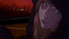 a woman with long hair and red eyes looking off into the distance in front of a city at night