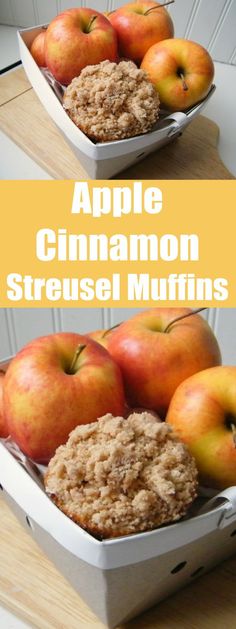 apples and cinnamon streusel muffins in a white dish on a wooden table