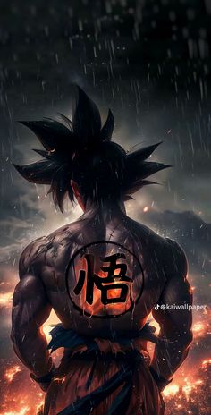 an anime character standing in the rain with his back to the camera