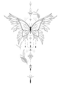 a black and white drawing of a butterfly with wings on it's back side