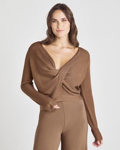 Brownie Comfortable Soft Knit Tops For Lounging, Chic Tops For Lounging In Fall, Chic Fall Tops For Lounging, Soft Knit Tops For Lounging, Versatile Tops For Lounging In Fall, Right To Privacy, Surplice Neckline, Comfy Tops, Brown Sweater