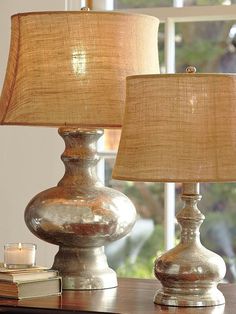 two lamps sitting on top of a wooden table