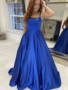 Simple Royal Blue Satin Long Prom Dresses, Royal Blue Formal Graduation Evening Dresses Blue A-line Sleeveless Dress For Wedding, Blue A-line Gown With Fitted Bodice, Royal Blue A-line Evening Dress For Prom, Blue A-line Sleeveless Prom Dress, Blue Sleeveless Gown For Banquet, Blue Sleeveless Dress For Prom Season, Blue Sleeveless Dress For Prom, Blue A-line Dress With Sweep Train, Blue Fitted A-line Evening Dress