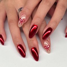 Red Nail Designs Birthday, Simple Girly Nails, Simple Red Nail Designs, Holiday Nails Simple, Valentino 2024, Red Chrome Nails, Coquette Nails, Chrome Nails Designs, Red Nail Designs