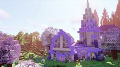 an image of a purple castle in the middle of some trees and bushes on a sunny day