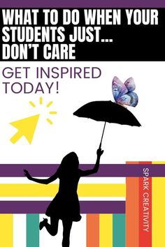 a girl holding an umbrella with the words get inspired today on it and a butterfly flying over her head