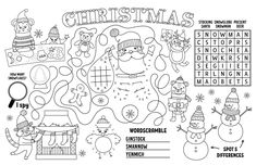 christmas word search game with snowmen and santa clauss stock photo, royalty illustration