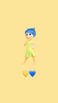 an animated girl with blue hair and yellow dress standing in front of two heart shapes