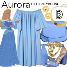 an image of aurora from disney's princess in blue dress and heels with gold accessories