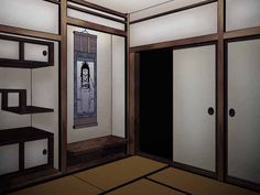 an animated image of a woman in a room with shelves and cupboards on the wall