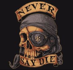 a skull wearing sunglasses and a bandana with the words never say die on it