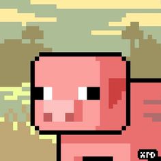 a pixel art pig is standing in front of some grass and trees with the sky behind it