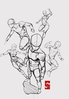 an image of a drawing of people doing different things in the same direction, including one man