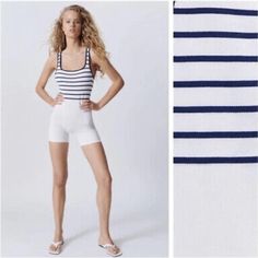 Zara Limitless Contour Collection Seamless Bodysuit Shorts White Navy Size M-L Nwt Seamless Short-length Swimwear For Summer, Seamless Short Length Swimwear For Summer, Seamless Short-length Summer Swimwear, White Stretch Tank Top For Loungewear, White Stretch Swimwear Short Length, White Sleeveless Seamless Bodysuit, White Seamless One-piece Bodysuit, White Sleeveless Seamless Swimwear, Seamless White One-piece Bodysuit