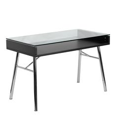 a glass desk with metal legs and a black top on a white background is shown