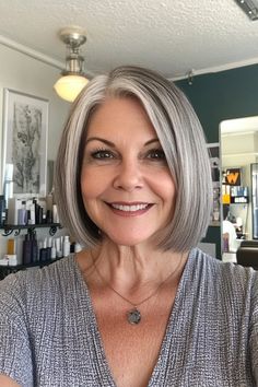 Salt And Pepper Bob With Bangs, Salt And Pepper Short Bob Wigs, Long Bob Salt And Pepper, Salt And Pepper Hair In 30s, Salt And Pepper Hair Aesthetic, Grey Bob Hairstyles, Grey Bob, Older Women's Hairstyles, Salt And Pepper Hair