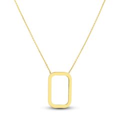 A distinctive flat open rectangle hangs elegantly in this refined women's pendant necklace. Fashioned in 14K yellow gold, the 18-inch cable chain secures in place with a lobster clasp. Rectangular Box Chain Necklace In Yellow Gold, Yellow Gold Jewelry With Cable Chain In Rectangular Shape, Yellow Gold Rectangular Cable Chain Jewelry, Rectangular Yellow Gold Cable Chain Jewelry, Elegant Rectangular Cable Chain Necklace, Modern Jewelry With Rectangular Cable Chain, Yellow Gold Necklace With Rectangular Pendant, Modern Jewelry With Rectangular Pendant On Cable Chain, Modern Jewelry With Cable Chain And Rectangular Pendant