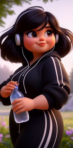 a cartoon character with headphones on holding a water bottle