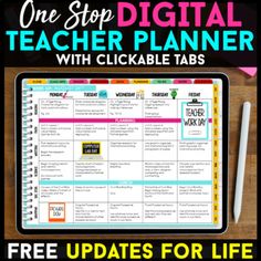 a teacher planner with the text, one stop digital teacher planner with clickable tabs