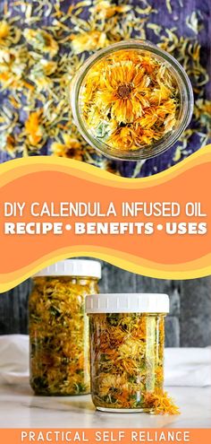 dried calendula flowers infusing in oil within a mason jar Herbal Oil Recipes, Infused Oil Recipes, Calendula Infused Oil, Tinctures Recipes