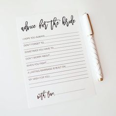 the advice for the bride card is next to a pen