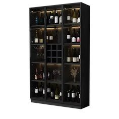 a wine rack with many bottles and glasses on the bottom shelf, in front of a white background