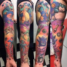 some very colorful tattoos on someones arm and leg with different characters all over them