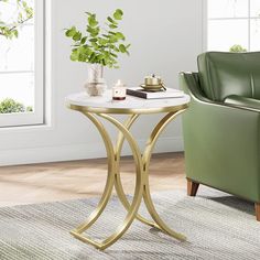 a living room scene with focus on the end table and green leather chair in the background