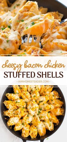 cheesy bacon chicken stuffed shells in a cast iron skillet with text overlay