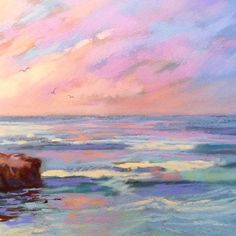 an oil painting of the ocean at sunset