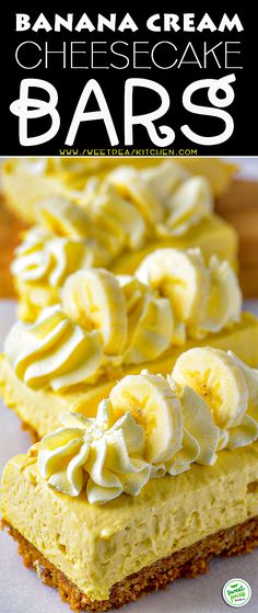 banana cream cheesecake bars are topped with whipped cream and sliced bananas for the perfect dessert