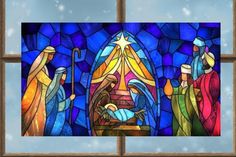 a stained glass window depicting the birth of jesus and mary, with snow falling on the ground