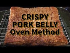 crispy pork belly ovened in oven with words overlaying the image above it