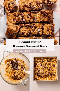 peanut butter banana oatmeal bars with chocolate chips in the middle and on top