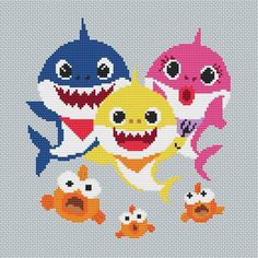 cross stitch pattern with three baby sharks