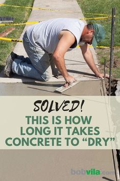 a man laying on the ground next to a sidewalk with a sign that reads, sowed this is how long it takes concrete to dry