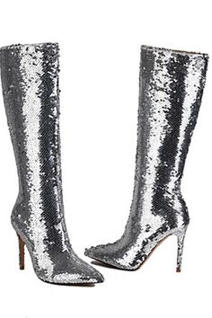 Heel height: 10cm Shaft height: 37cm Metallic sequin construction Knee high length Side zip closures Pointed toe Stiletto heel Sparkle Boots, Pattern Boots, Sequin Pattern, Platform Heels Boots, Thigh High Boots Heels, Boots Patterns, Animal Print Shoes, Platform Block Heels, Boots Knee