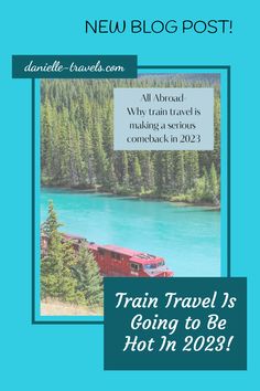 a train traveling down tracks next to a lake with the words new blog post on it