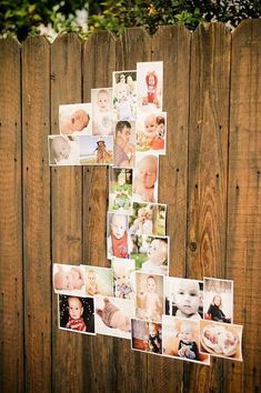 a tree made out of photos hanging on a wooden wall next to a wood fence